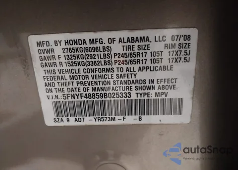 2009 Honda Pilot Touring z USA, uszkodzony, nr VIN 5FNYF48859B025333